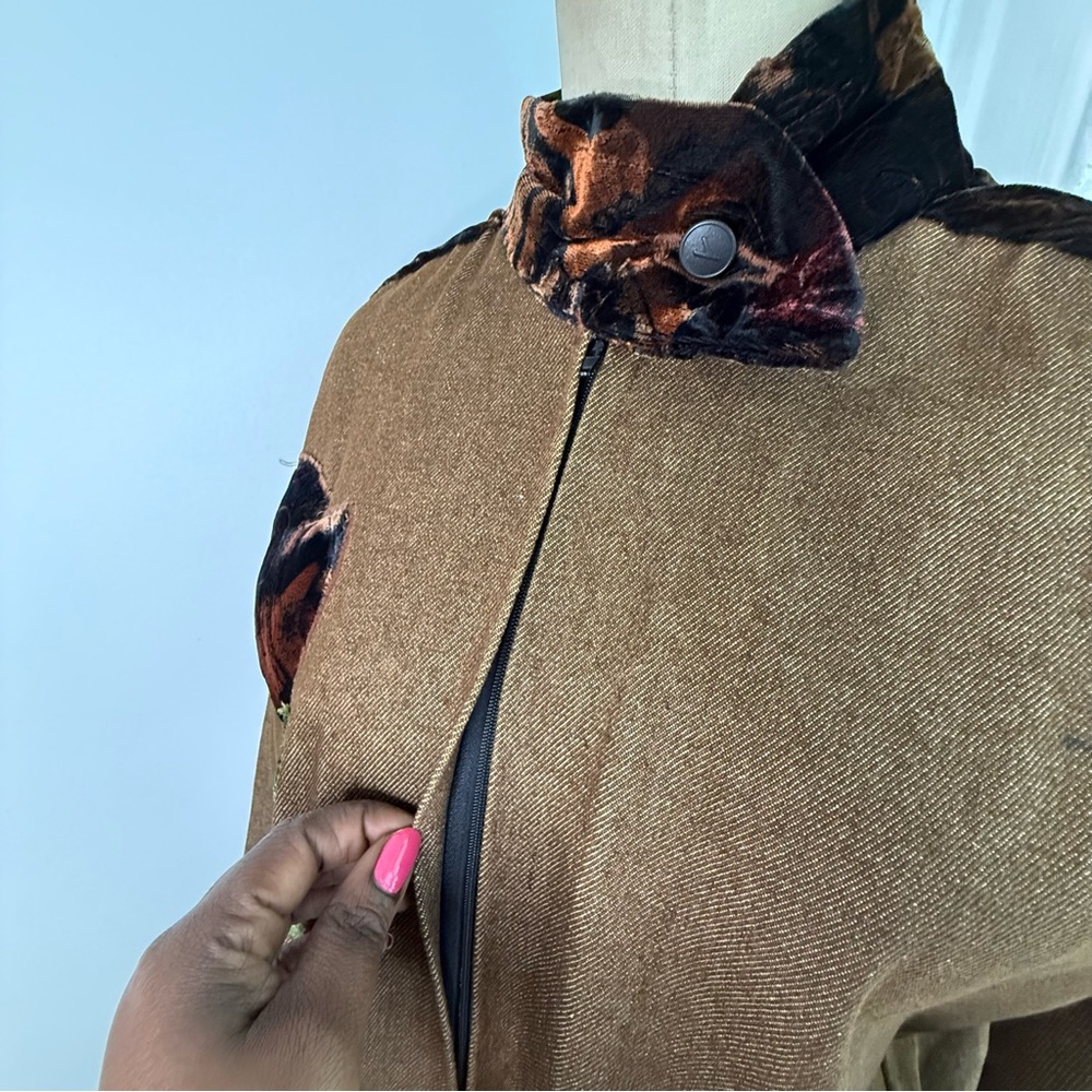 Brown Denim maximalist flower zip up velvet patch work bomber jacket - Picture 7 of 16